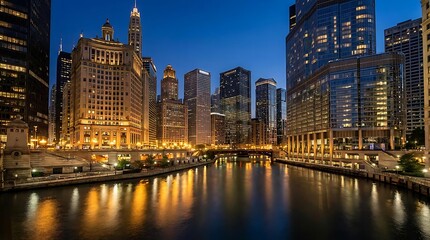Obraz premium Illuminated Chicago riverwalk skyscrapers reflecting on water at night