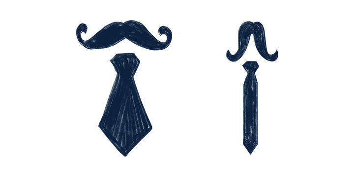 Dark Blue Hand Drawn Dad Mustache and Necktie Set Isolated on transparent background