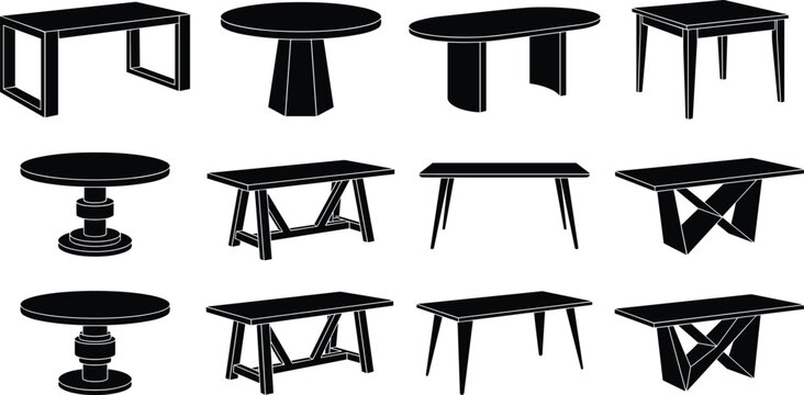 Table silhouette icons, black vector furniture designs for interior and architectural illustration