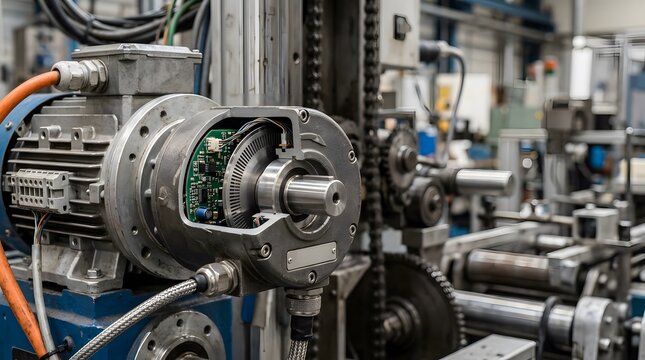industrial rotary encoder mounted on electric motor with realistic partial cutaway revealing sensing electronics