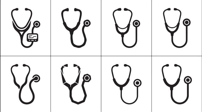 Set of black stethoscope icons for medical health care checkup and doctor clinical equipment