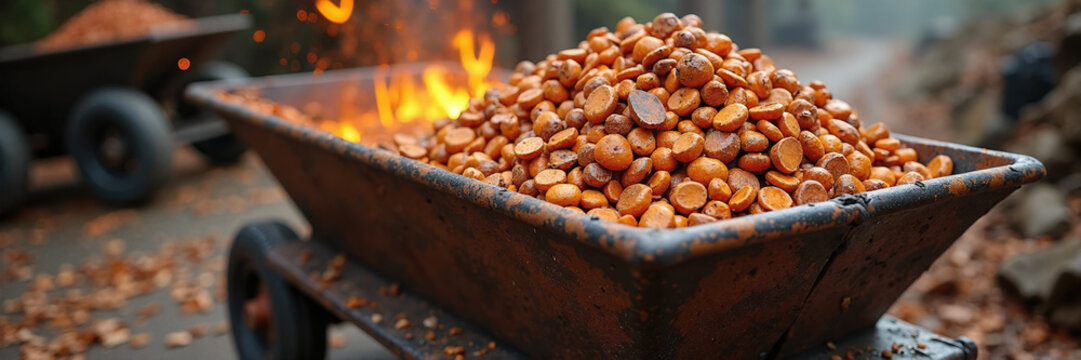 Rustic wheelbarrow filled with round orange brown chestnuts. Outdoor fire with bright flames in autumn background. Panoramic banner of harvest concept
