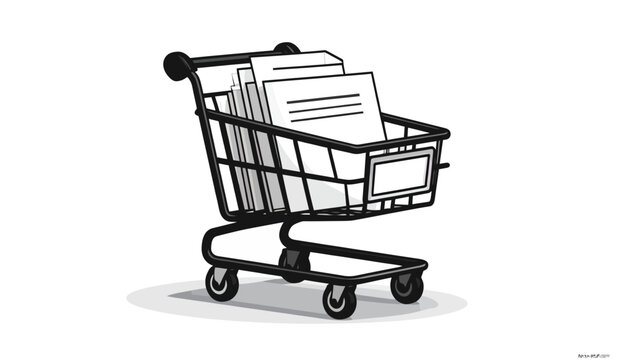 Shopping cart with papers inside.