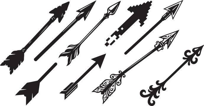 Set of black vintage and modern arrow icons with different feather styles for archery design