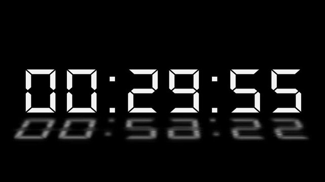 30 minute countdown timer animation. Countdown timer from 1800 to 0 animation on white background. 30 minute Digital Countdown Timer Animation. 4k motion video.