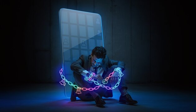 A depressed businessman sits chained to a giant glowing smartphone, evoking deep feelings of digital addiction, social media entrapment, and mental stress in a modern hightech world.