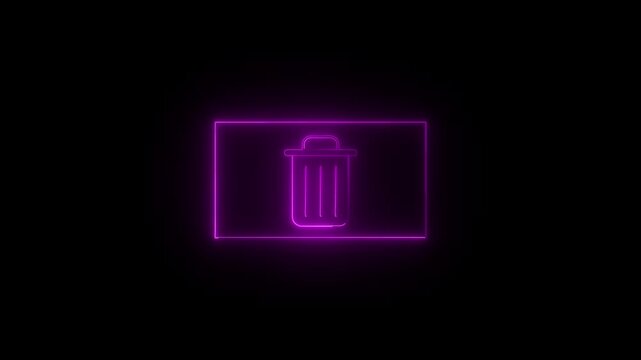 Glowing delete neon trash can icon animation isolated on black background.video...