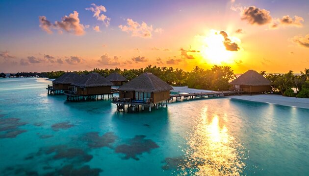 Golden hour aerial view of coastal city with marina and waterfront.