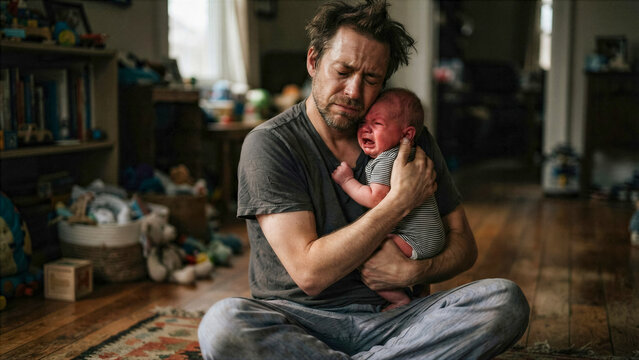 A stressed dad sitting on the floor, holding a crying infant, eyes closed in a moment of deep patience, authentic skin details without retouching, moody studio-quality shadows.