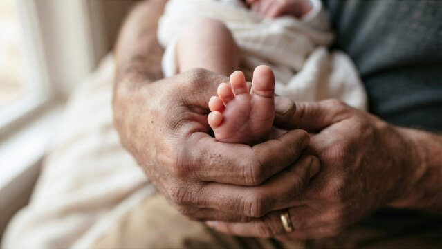 A father large, calloused hand with realistic skin textures gently cradling a tiny newborn foot, soft warm side lighting, comfort and vulnerability theme.