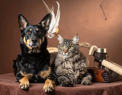 A heartwarming studio portrait of a dog and cat together