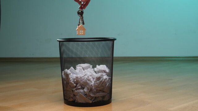 Hand dropping a keychain with a small wooden house charm into a metal trash bin filled with crumpled paper, symbolizing loss, foreclosure, and financial crisis
