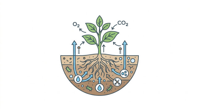 Illustration of plant roots absorbing nutrients and releasing oxygen.