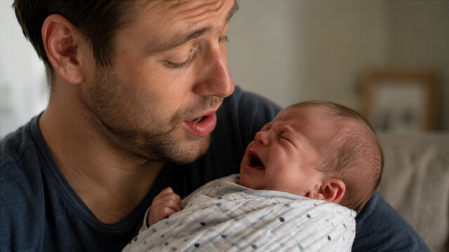 A father with a stutter singing softly to his crying baby, high texture resolution of fabric clothes and genuine unretouched skin.