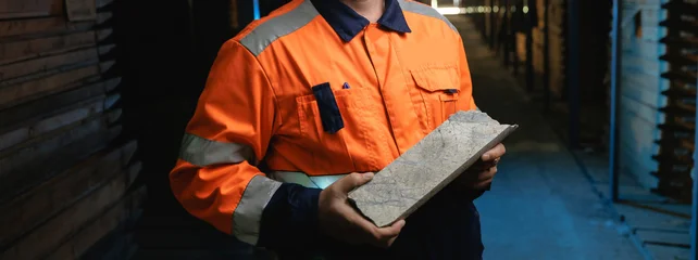 Mining geology exploration of minerals. Geologist holds rock samples core after geological drilling. © Parilov