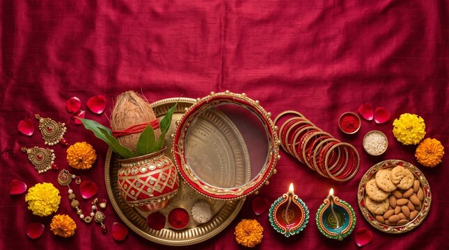Karva Chauth, premium flat lay featuring decorated sieve, sacred kalash, clay diyas, red bangles, flower petals and elaborate mehndi-inspired ornaments arranged neatly on luxurious crimson silk fabric