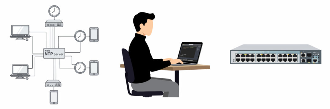 Network administrator syncing devices via NTP server for time synchronization