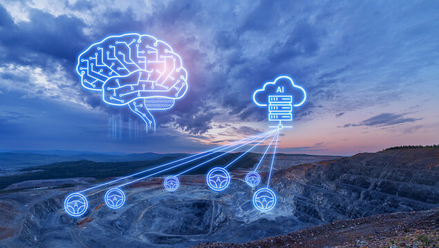 Ai cloud and neural network overlay linking multiple truck for autonomous fleet control at open pit mine background for monitoring and logistics