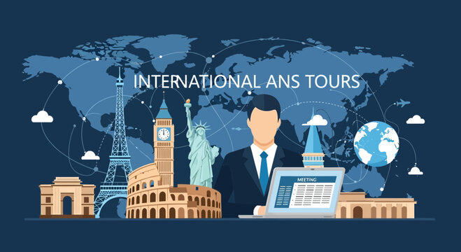 Business professional presenting international travel services on digital screen.