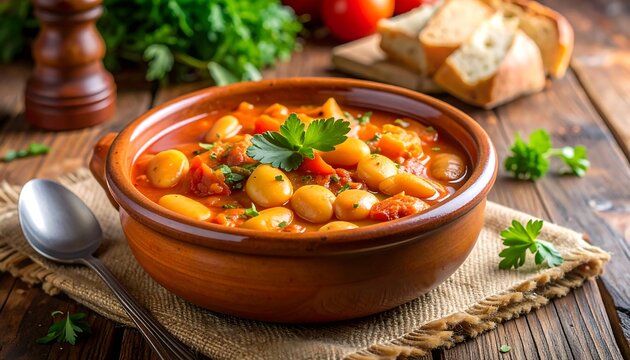 A hearty bowl of chickpea stew garnished with parsley on a rustic table