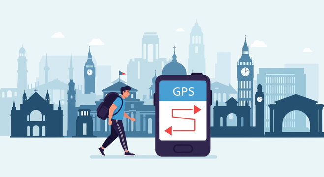 Business professional walking with GPS navigation device in city.