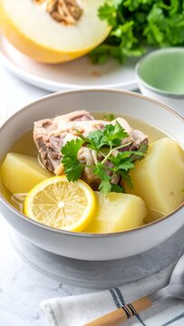 A hearty bowl of fish soup with potatoes, lemon, and herbs
