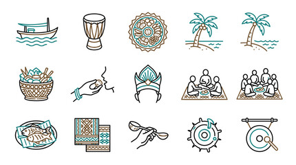 Set of Traditional Indonesian Icons: Boat, Drum, Food, Culture, Nature, People, Symbols © Santoso Yudi