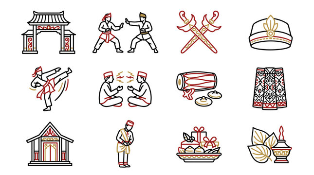 Malaysian Culture Icons Set: Traditional Art, Clothing, and Symbols