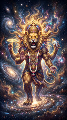 Obraz premium Lord Narasimha Standing in Ancient Temple with Divine Golden Aura, Hindu God Illustration