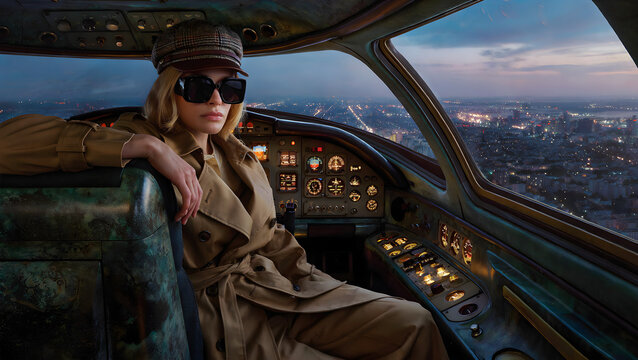 Stylish aviator pilot woman sitting in an aircraft cockpit overlooking a sprawling city skyline at dusk