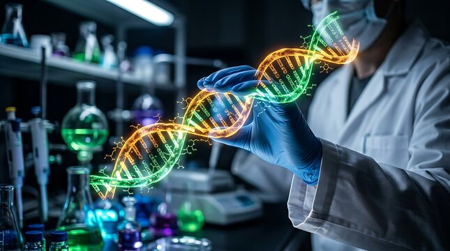 Futuristic DNA helix hologram held by scientist in laboratory, glowing genetic research concept, biotechnology and medical science innovation
