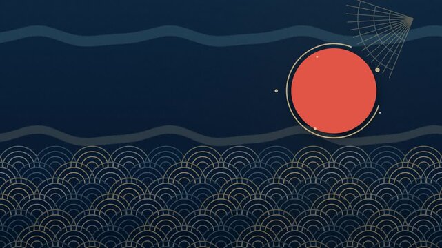 Animated Japanese seigaiha wave pattern with red sun and mountain silhouette on dark blue background