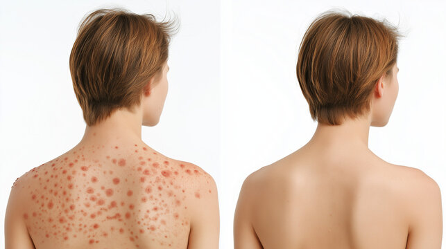 Before and After Body Acne Treatment Comparison, Clear Healthy Skin Recovery, Professional Dermatology Care Concept