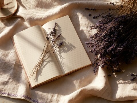 Open gratitude journal with lavender on linen