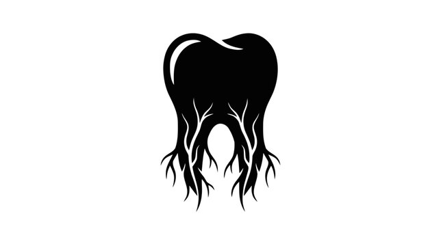 Vector illustration of black silhouette of a tooth with root system on a transparent background
