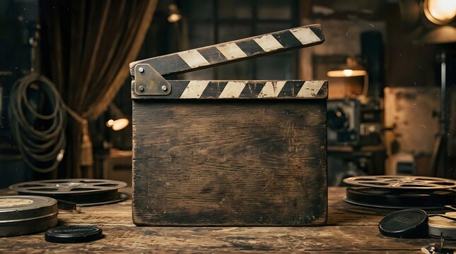 Vintage film clapperboard on wooden table with cinema equipment and warm lighting in production studio setting for filmmaking projects.