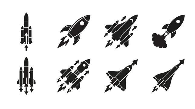 Set of black rocket ship icons and space shuttle symbols for business startup launch Vector