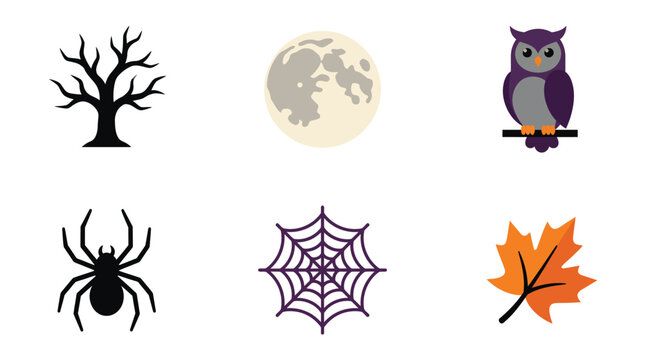 Set of spooky halloween icons including tree owl spider web and autumn leaf Vector