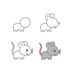 Step by step drawing tutorial of a cute cartoon mouse, vector educational worksheet and coloring page for kids