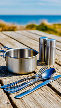 A stainless steel pot and utensils on a wooden table by the ocean