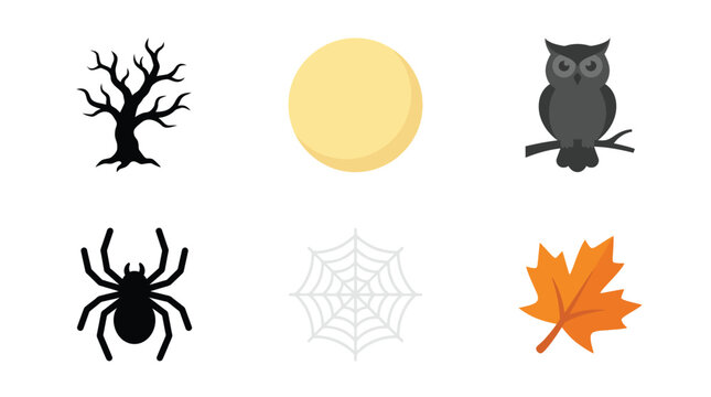 Set of halloween icons with scary tree owl moon spider web and orange autumn leaf Vector