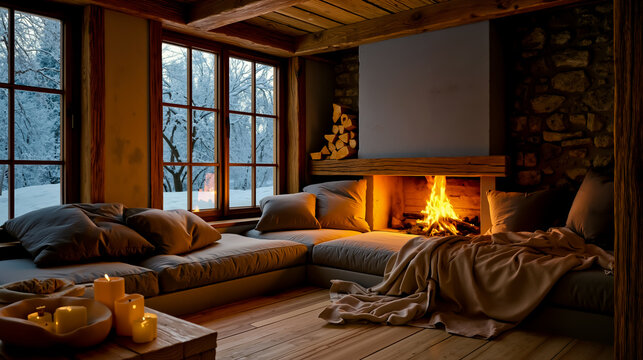 A cozy living room with a fireplace stone walls and large windows