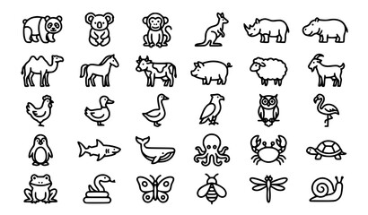 Animal Outline Icon Collection with Farm, Wild, Marine and Insect Hand Drawn Illustration Set © Crafts Home