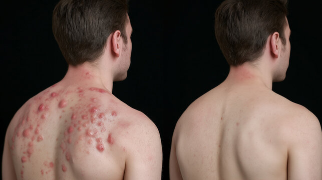 Before and After Body Acne Treatment Comparison, Clear Healthy Skin Recovery, Professional Dermatology Care Concept