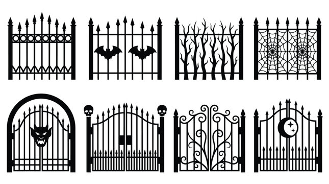 Set of eight black iron gates with creepy halloween themes and spooky decorative designs Vector