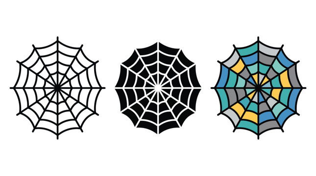 Set of three spider web icons with outline silhouette and colorful geometric pattern Vector