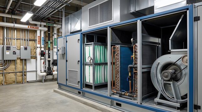 commercial air handling unit with realistic partial cutaway revealing supply fan filters and coil section for hvac maintenance