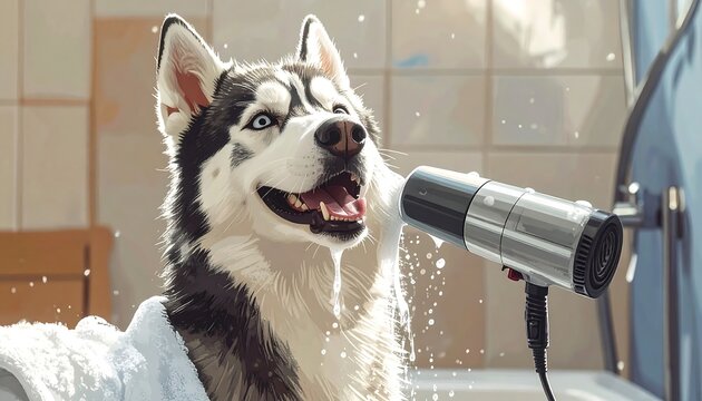 A husky dog with a towel wrapped around its body is being blow-dried with a hair dryer in a bathroom setting