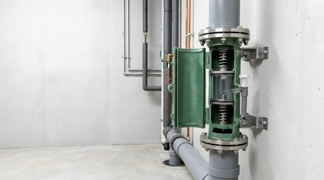 residential sewage backflow preventer cutaway revealing dual check valve mechanism for reliable wastewater protection