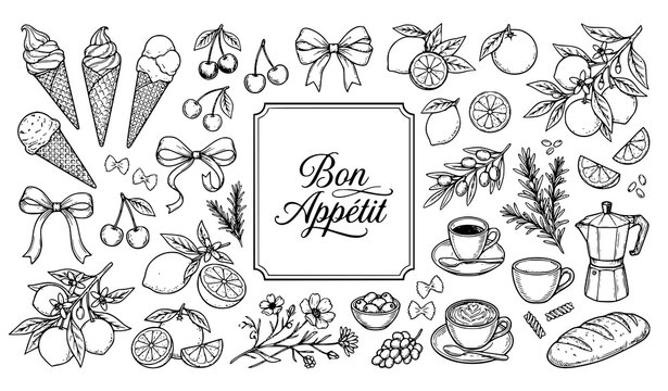 Bon Appetit Food and Kitchen Doodle Collection with Bread, Fruits, Coffee and Cooking Elements Illustration